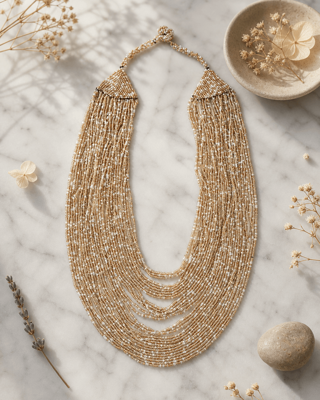 Cascading Multi-Strand Seed Bead Necklace in Beige and Gold