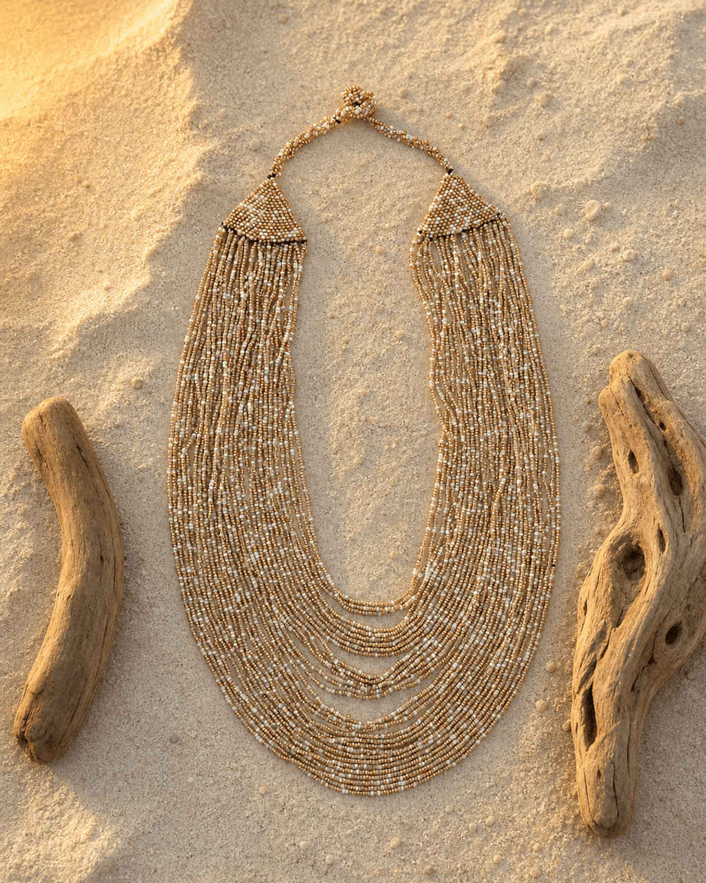 Cascading Multi-Strand Seed Bead Necklace in Beige and Gold