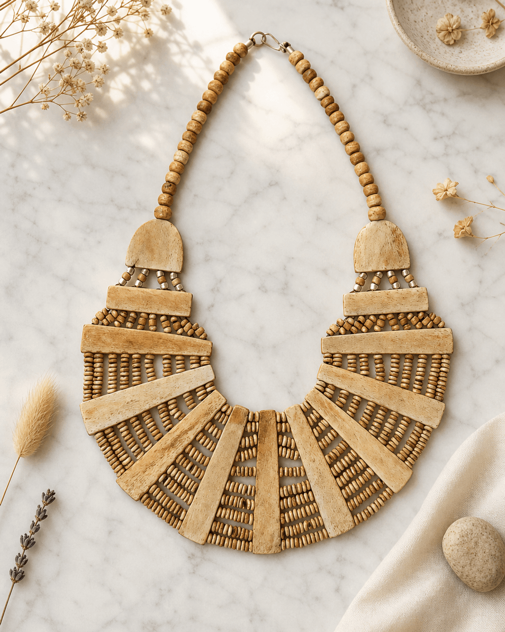 Cream Bone Fan Bib Necklace