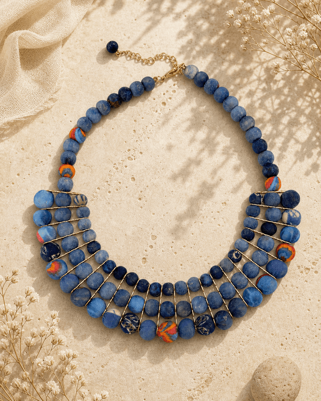 Graduated Textile Bib Necklace in Blue