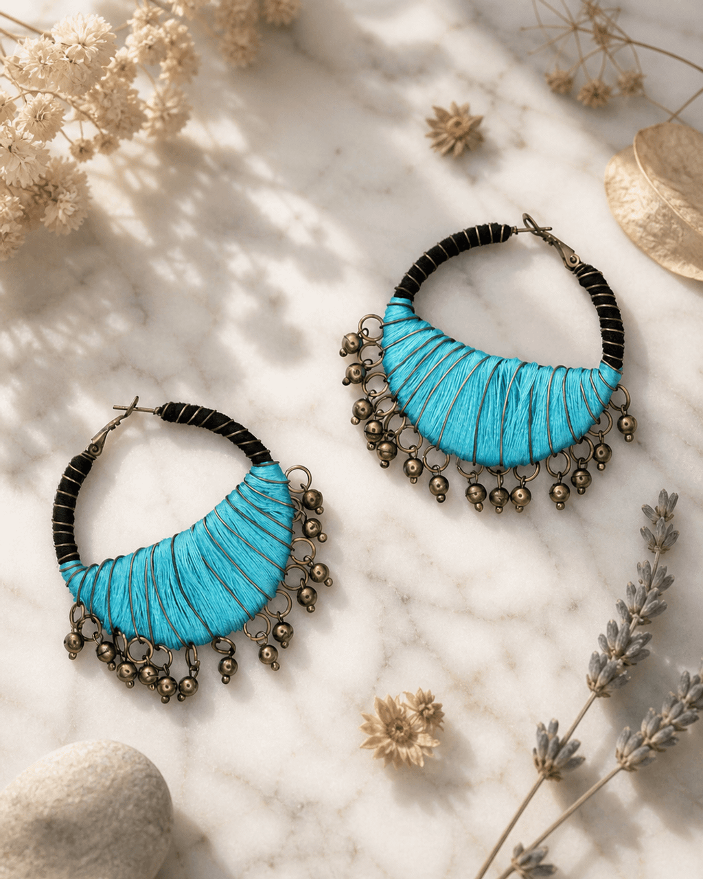 Turquoise Thread Crescent Hoop Earrings