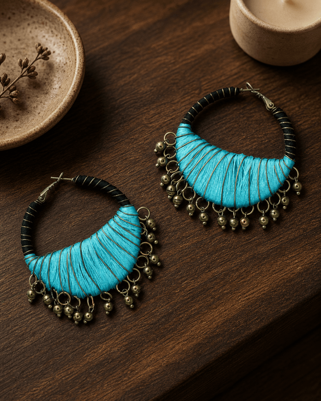 Turquoise Thread Crescent Hoop Earrings