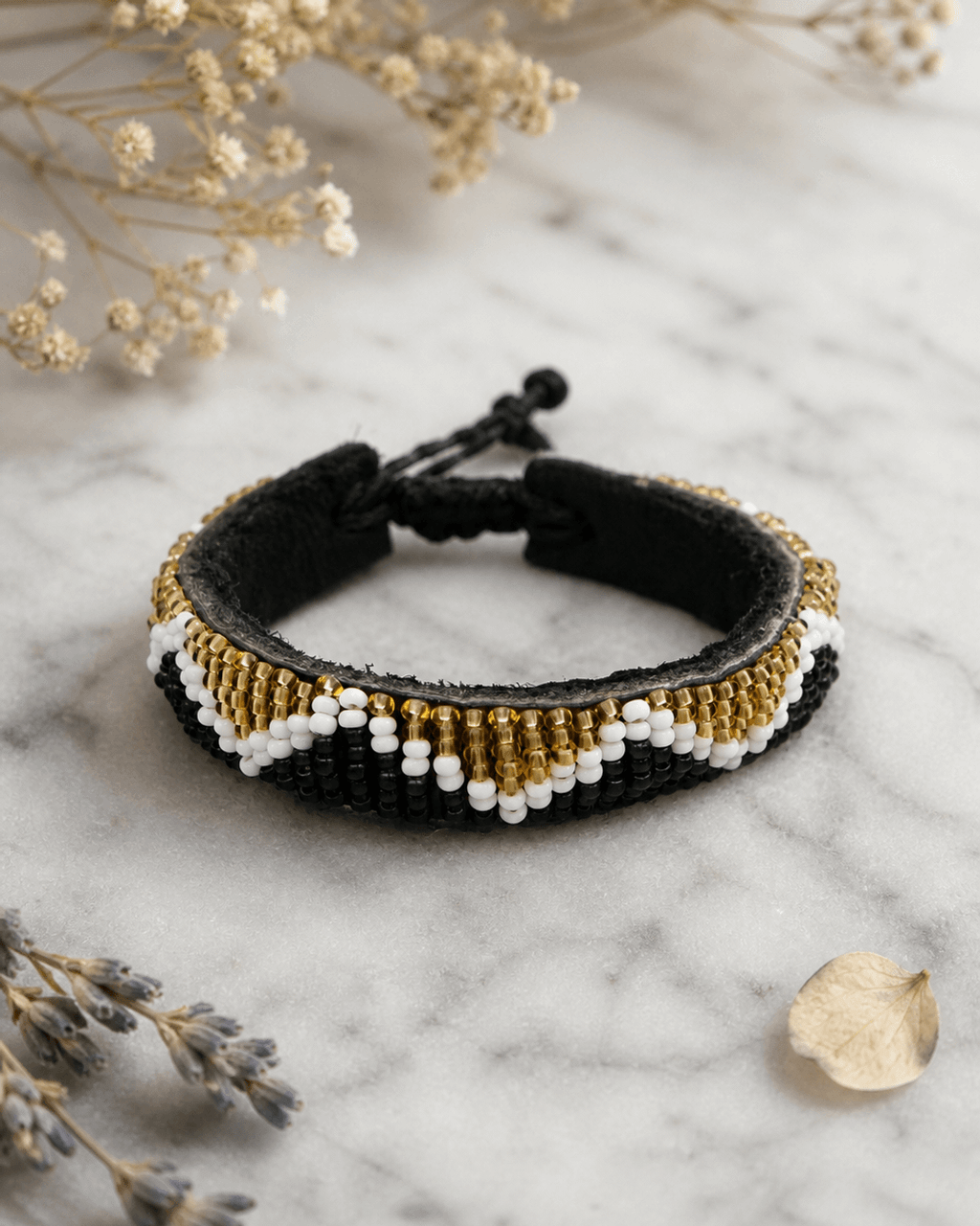 Zigzag Beaded Leather Cuff — Black, Gold, White
