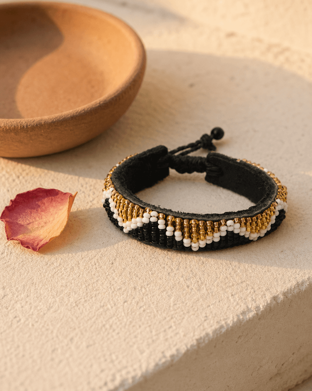 Zigzag Beaded Leather Cuff — Black, Gold, White