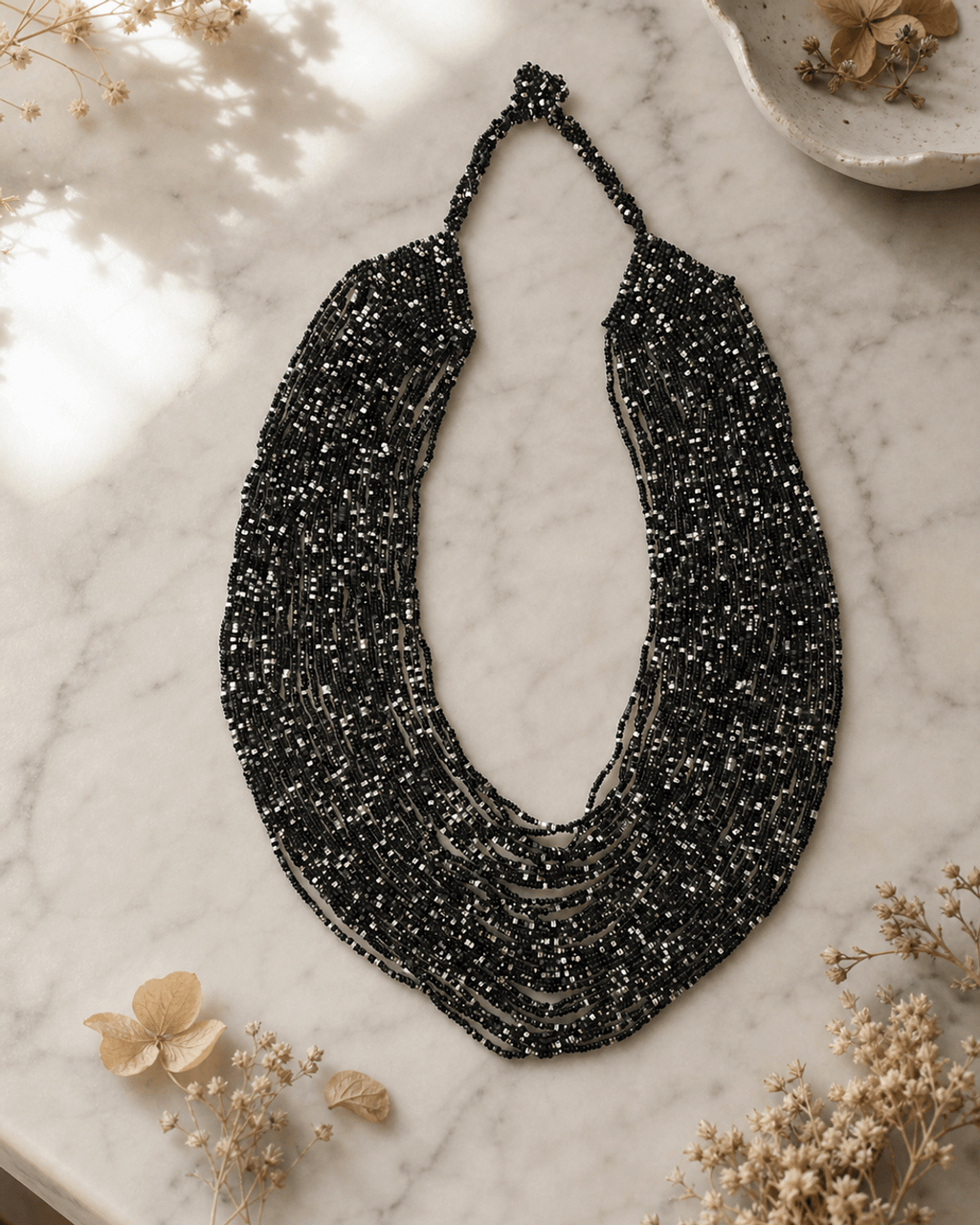 Cascading Multi-Strand Seed Bead Necklace in Black