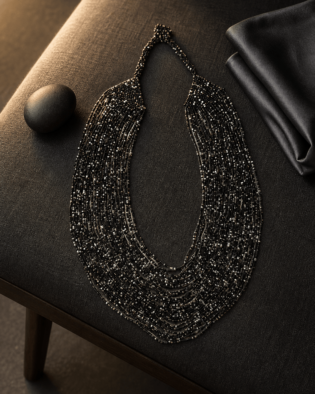 Cascading Multi-Strand Seed Bead Necklace in Black