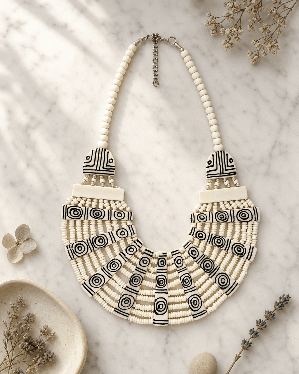 Graphic Fan Bib Necklace in Carved Bone