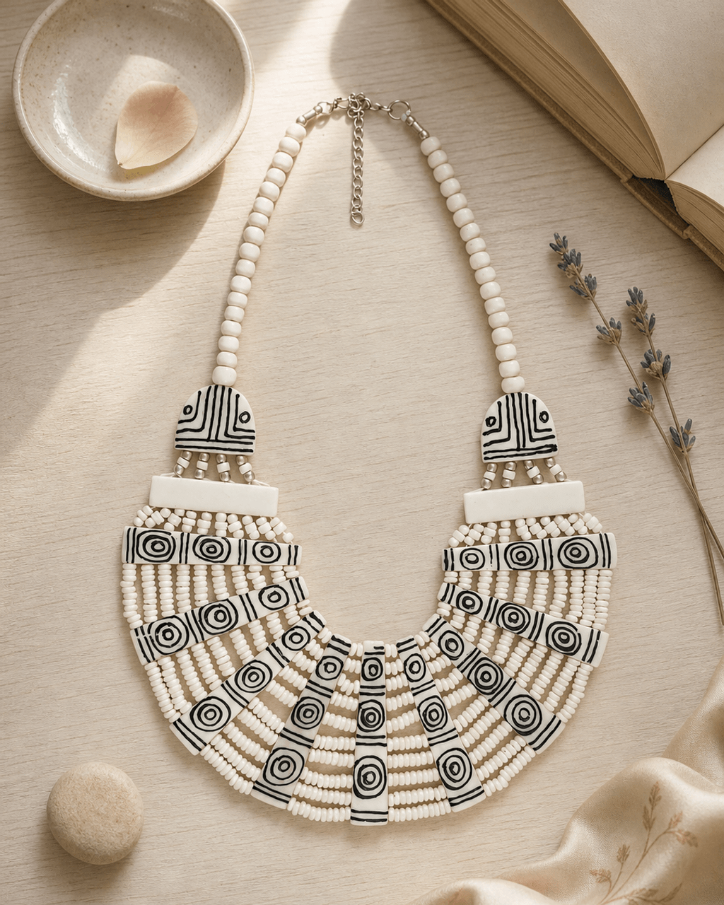 Graphic Fan Bib Necklace in Carved Bone