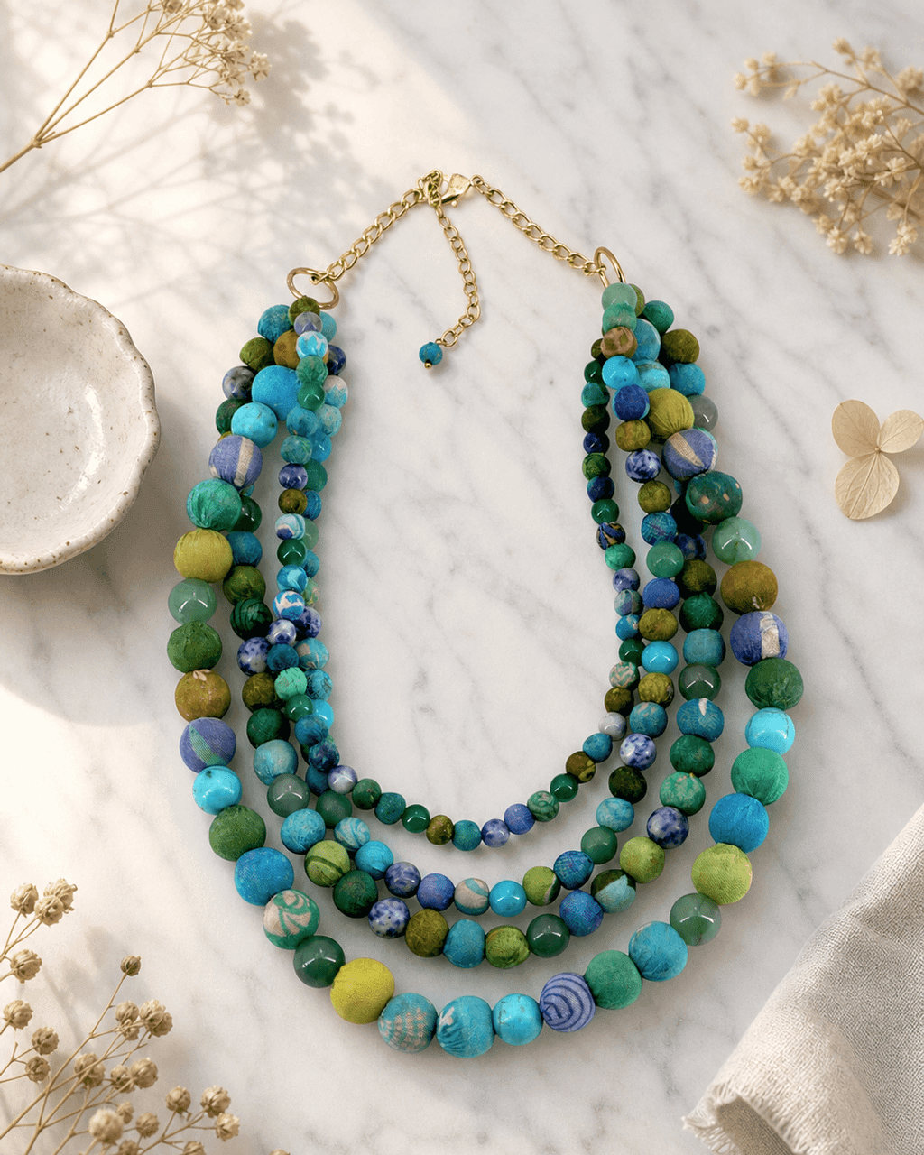 Four-Strand Textile-Wrapped Bead Necklace in Turquoise and Olive