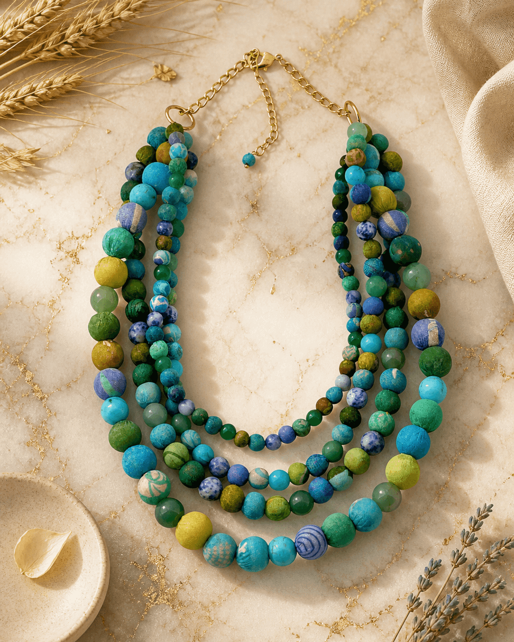 Four-Strand Textile-Wrapped Bead Necklace in Turquoise and Olive