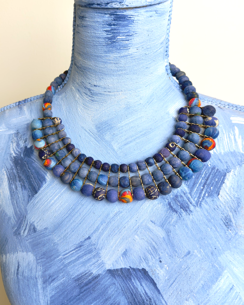 Graduated Textile Bib Necklace in Blue