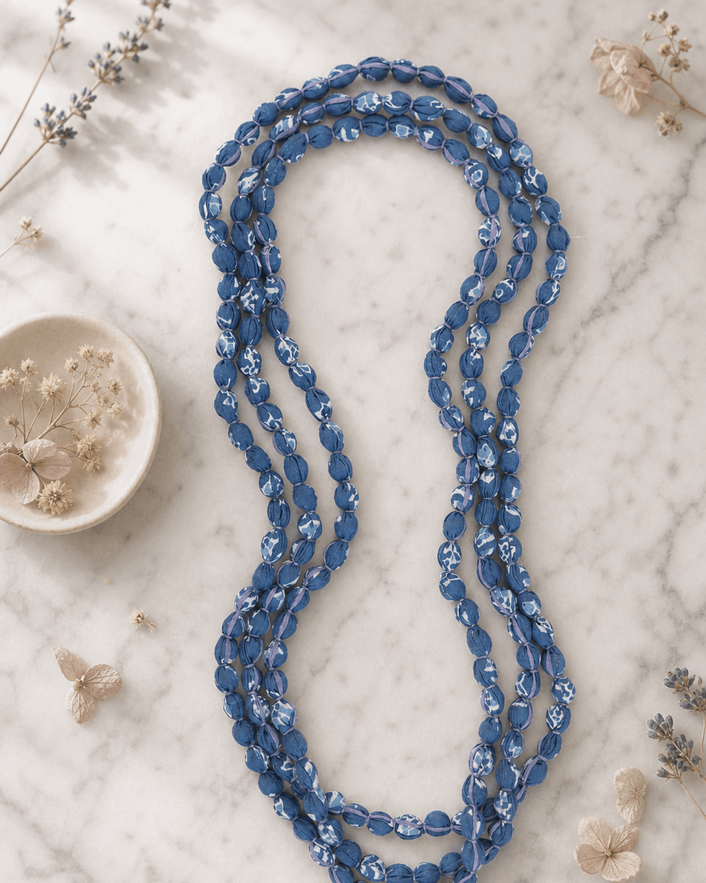 Endless Blue Fabric-Wrapped Bead Necklace