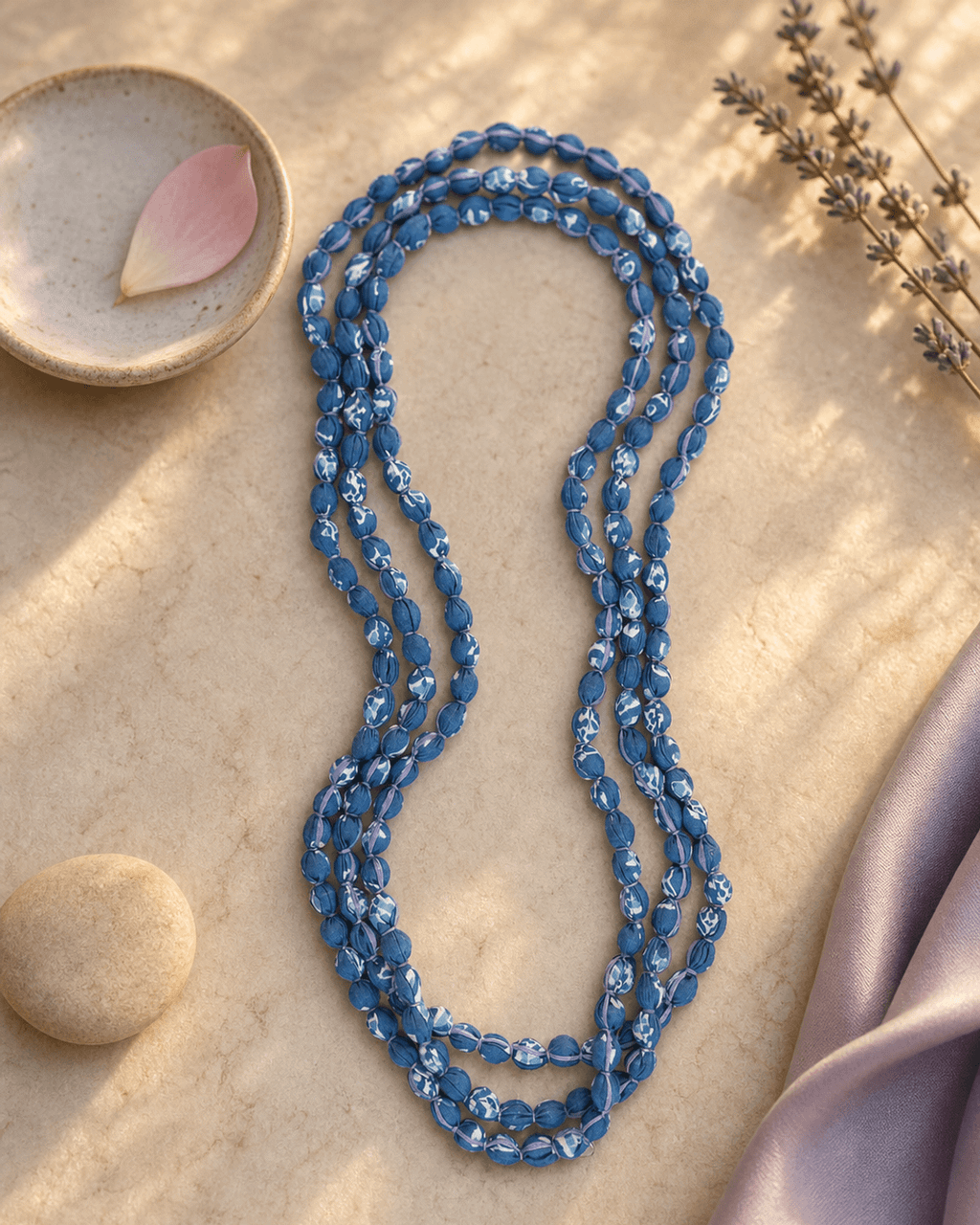Endless Blue Fabric-Wrapped Bead Necklace