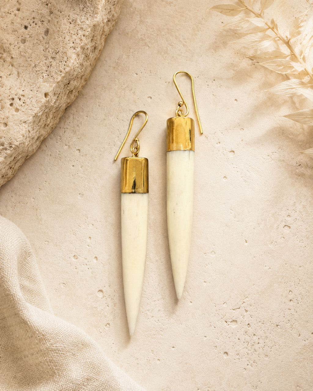 Ivory Spike Dangle Earrings with Brass Caps