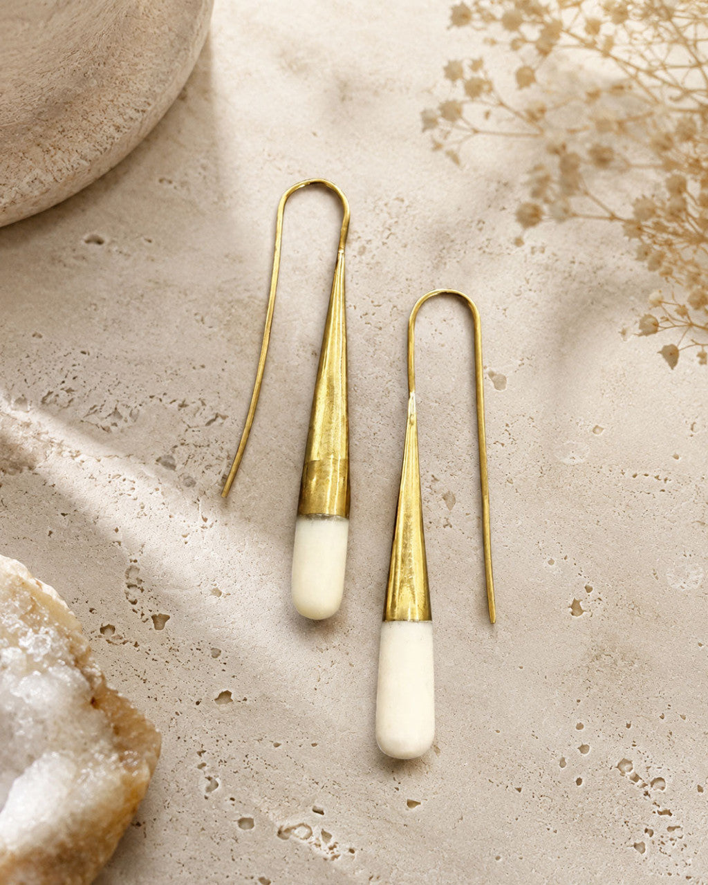Long Brass Cone Threader Earrings with Bone Tips