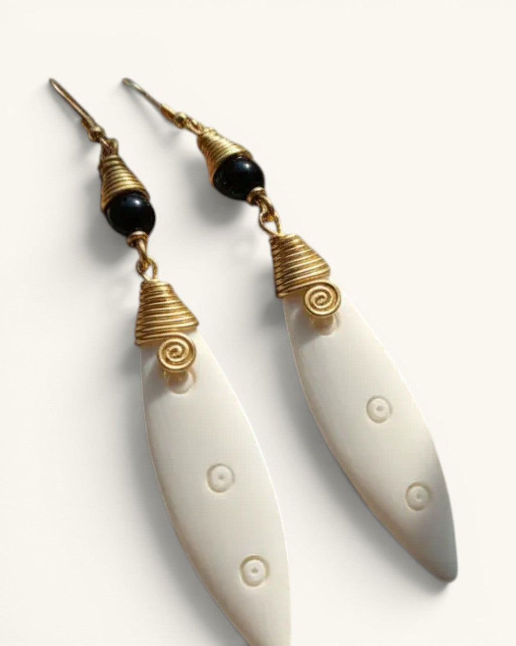 Coiled Brass and Bone Marquise Drop Earrings