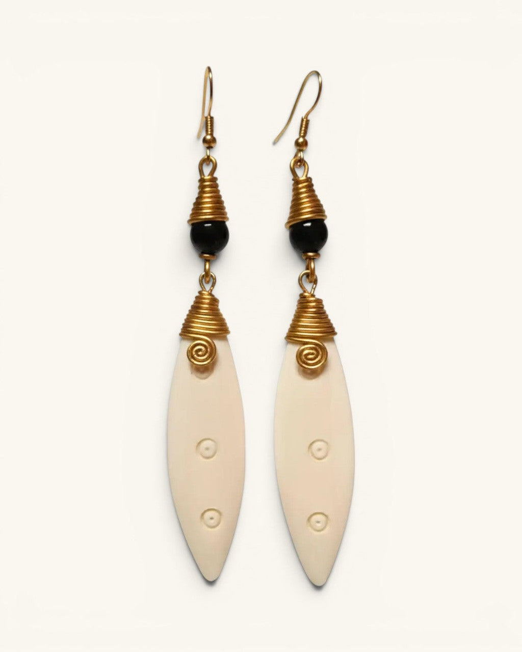 Coiled Brass and Bone Marquise Drop Earrings