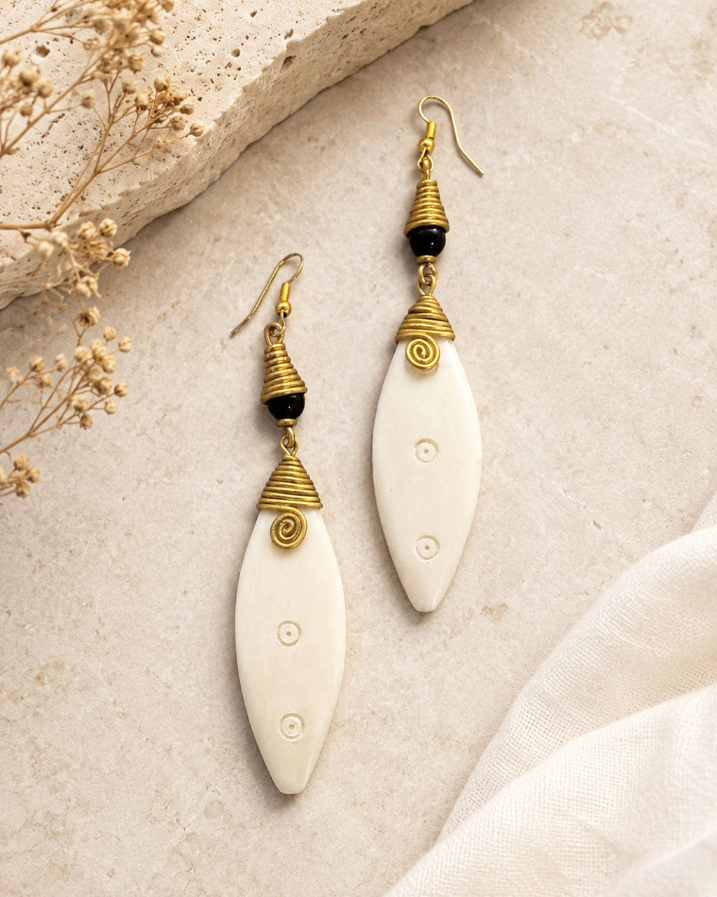 Coiled Brass and Bone Marquise Drop Earrings