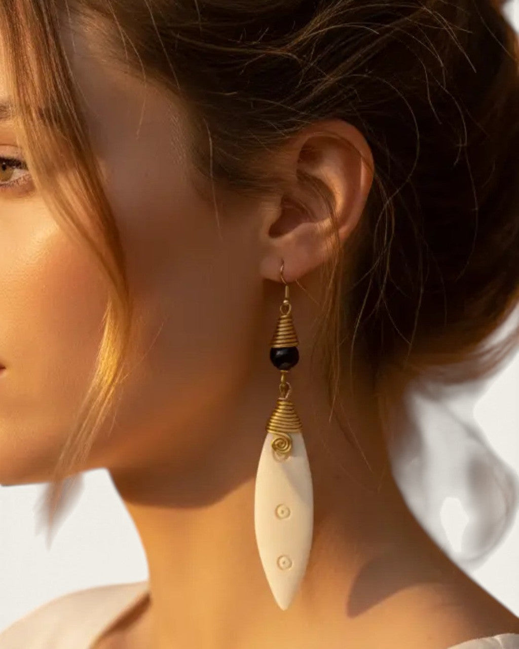 Coiled Brass and Bone Marquise Drop Earrings