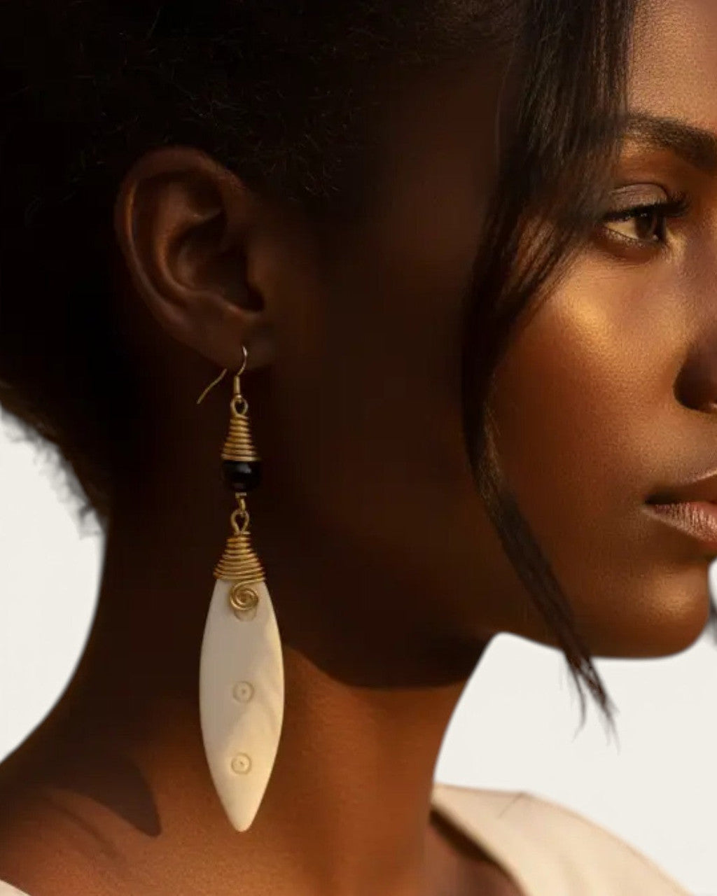 Coiled Brass and Bone Marquise Drop Earrings
