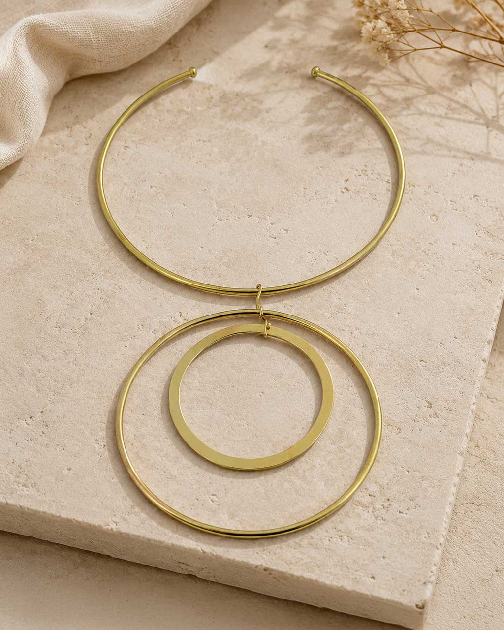 Brass Collar Necklace with Concentric Ring Pendants