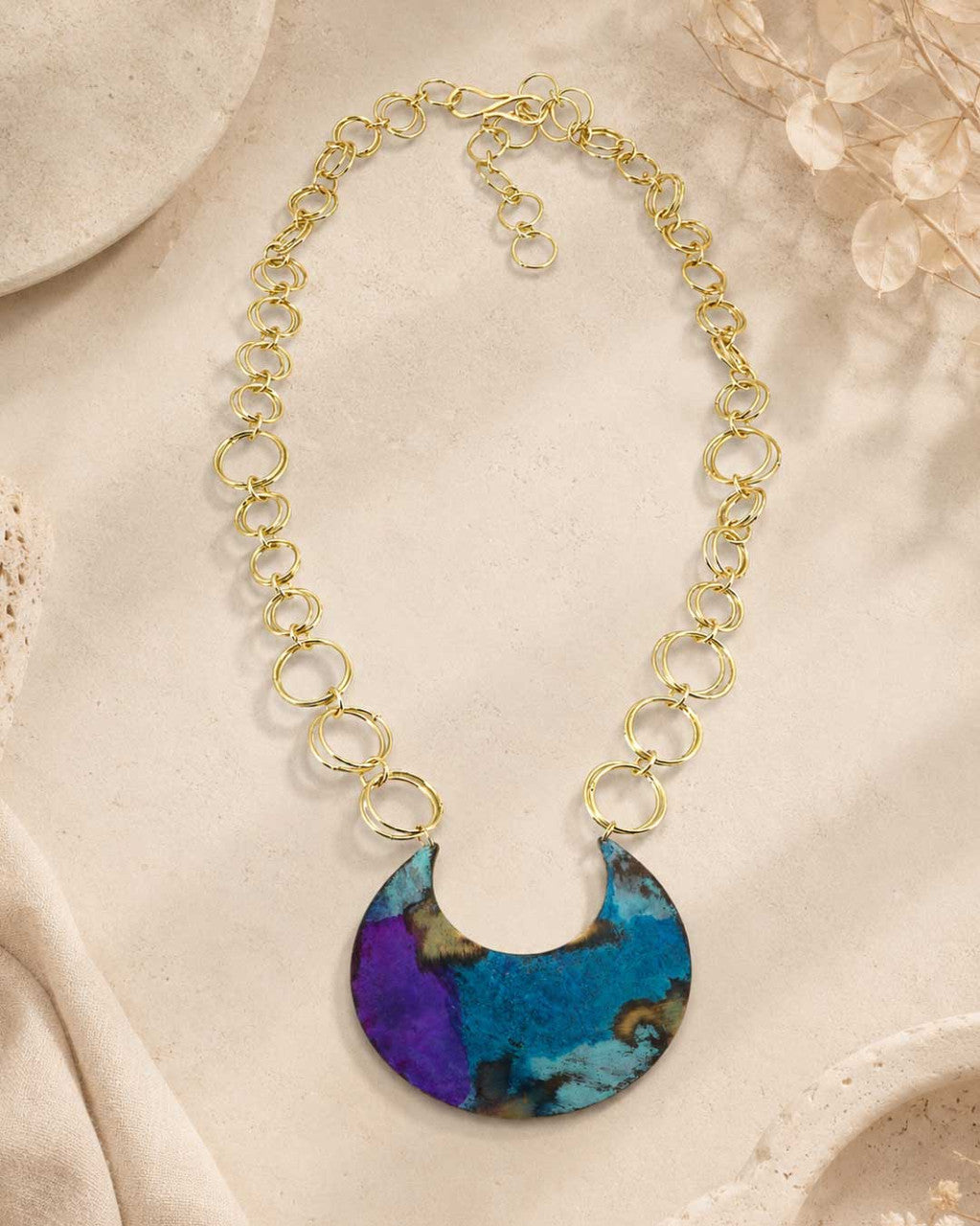 Painted Patina Crescent Pendant Necklace