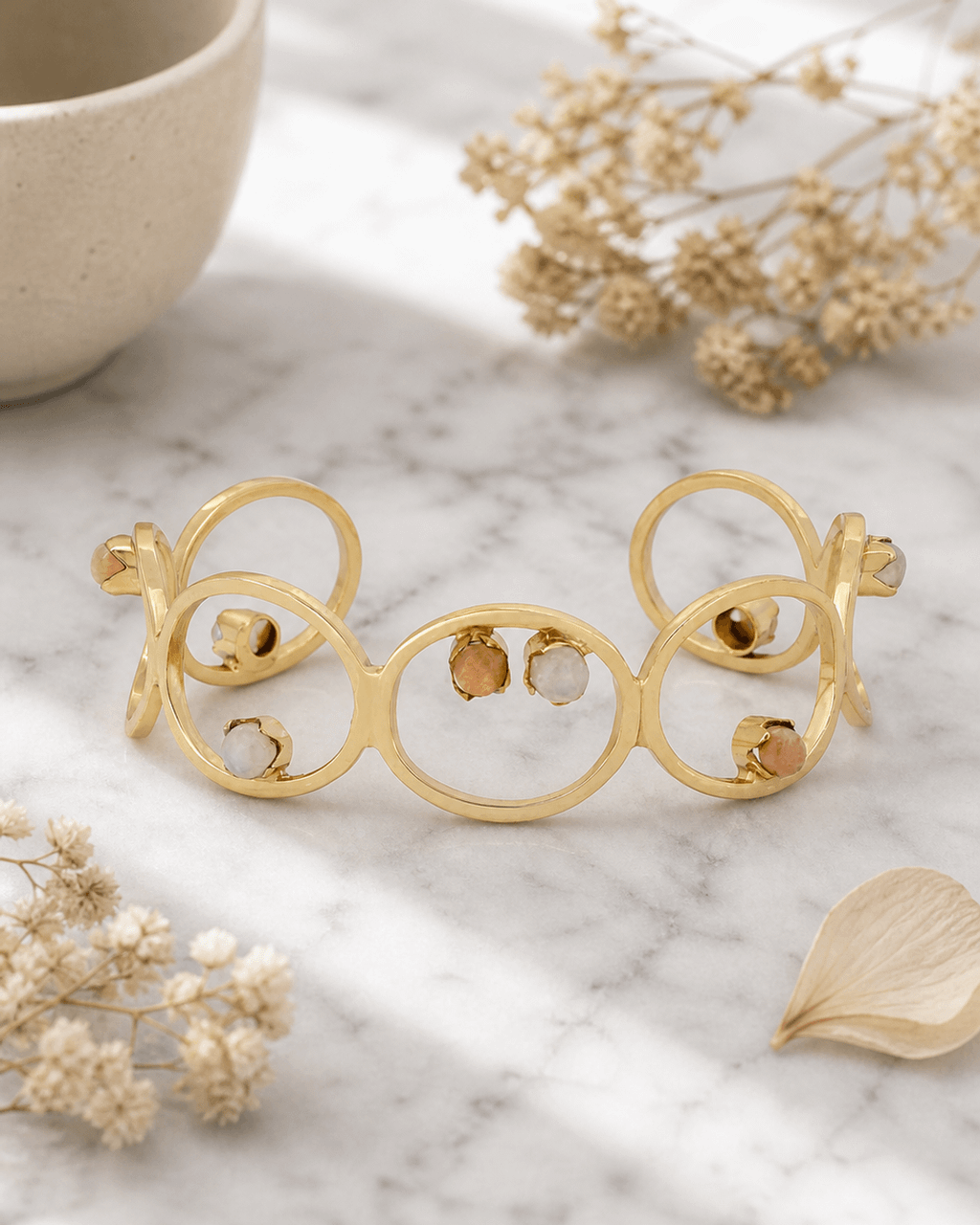 Linked-Circle Brass Cuff with White and Peach Moonstone