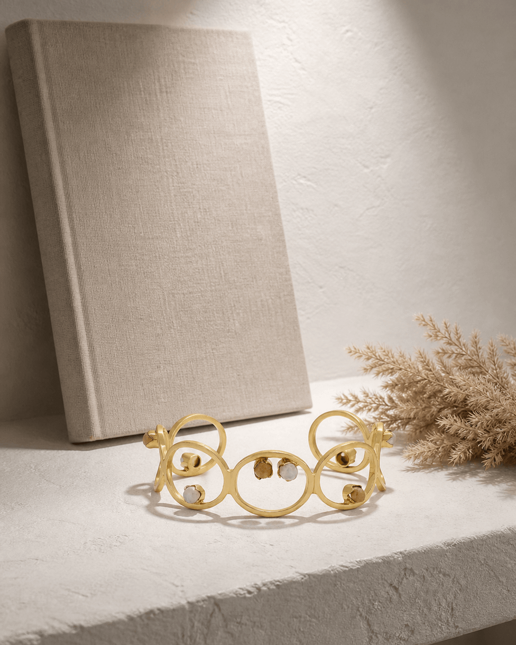 Linked-Circle Brass Cuff with White and Peach Moonstone