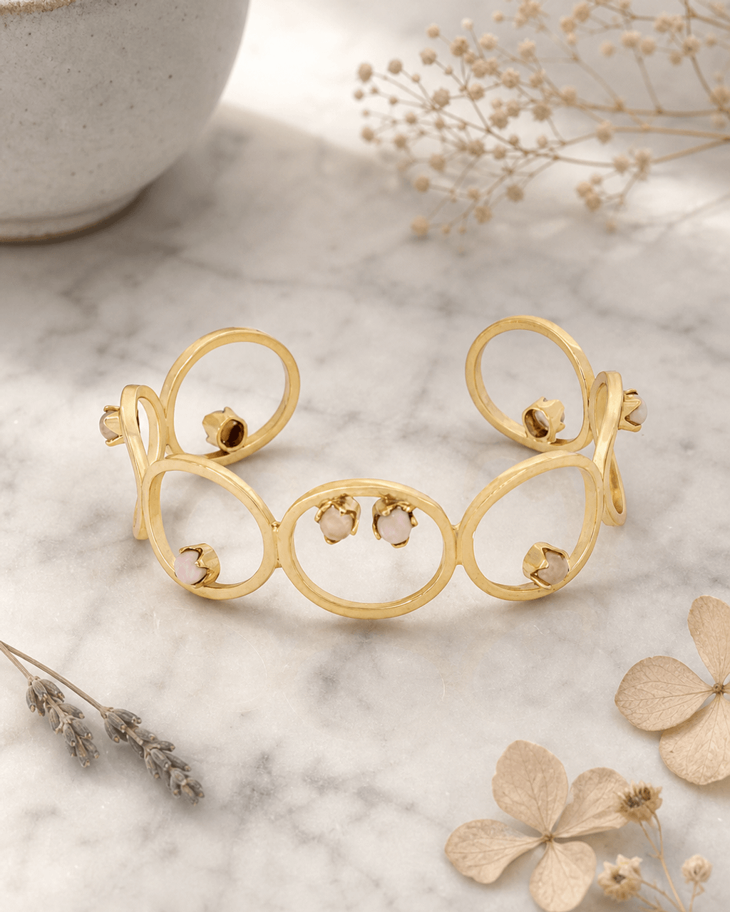 Open-Loop Brass Cuff with Opal and Rose Quartz Cabochons