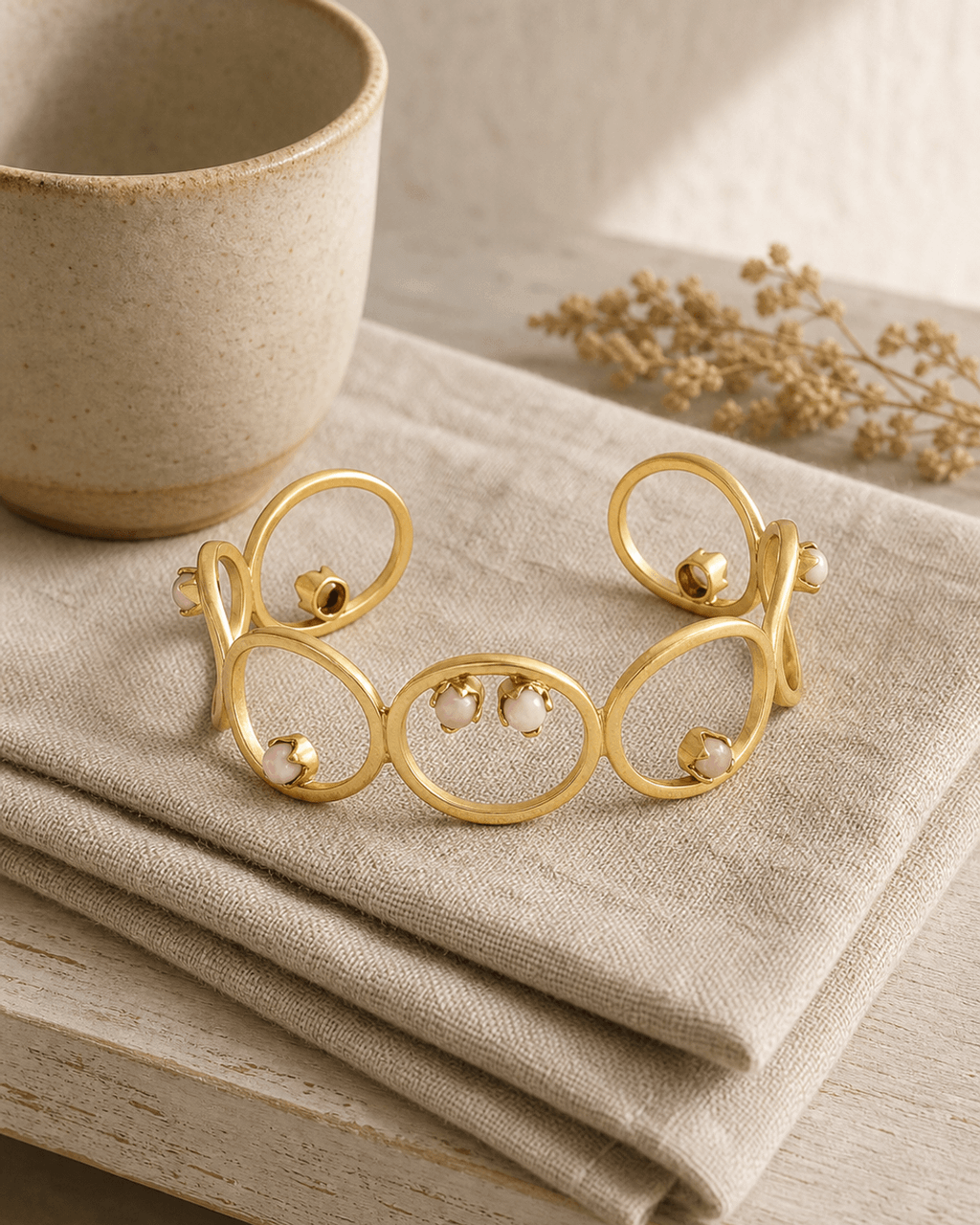 Open-Loop Brass Cuff with Opal and Rose Quartz Cabochons
