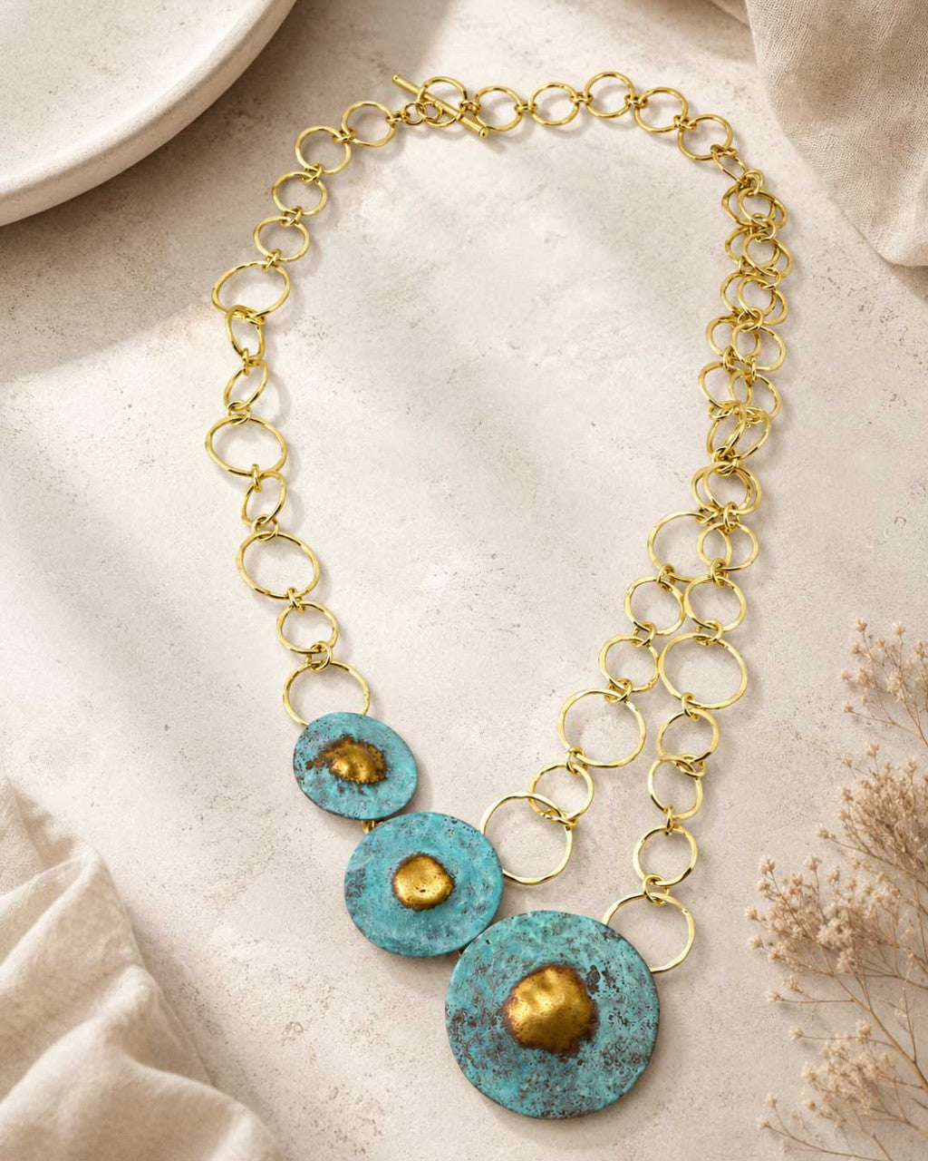 Turquoise Patina Disc Cascade Necklace