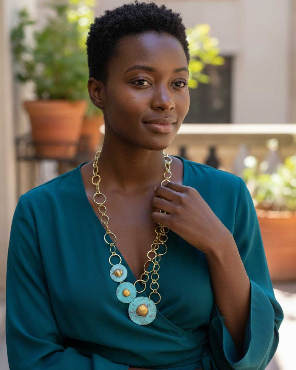 Turquoise Patina Disc Cascade Necklace
