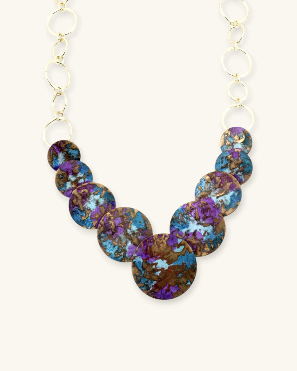 Patina Disc Cascade Necklace, Violet and Turquoise