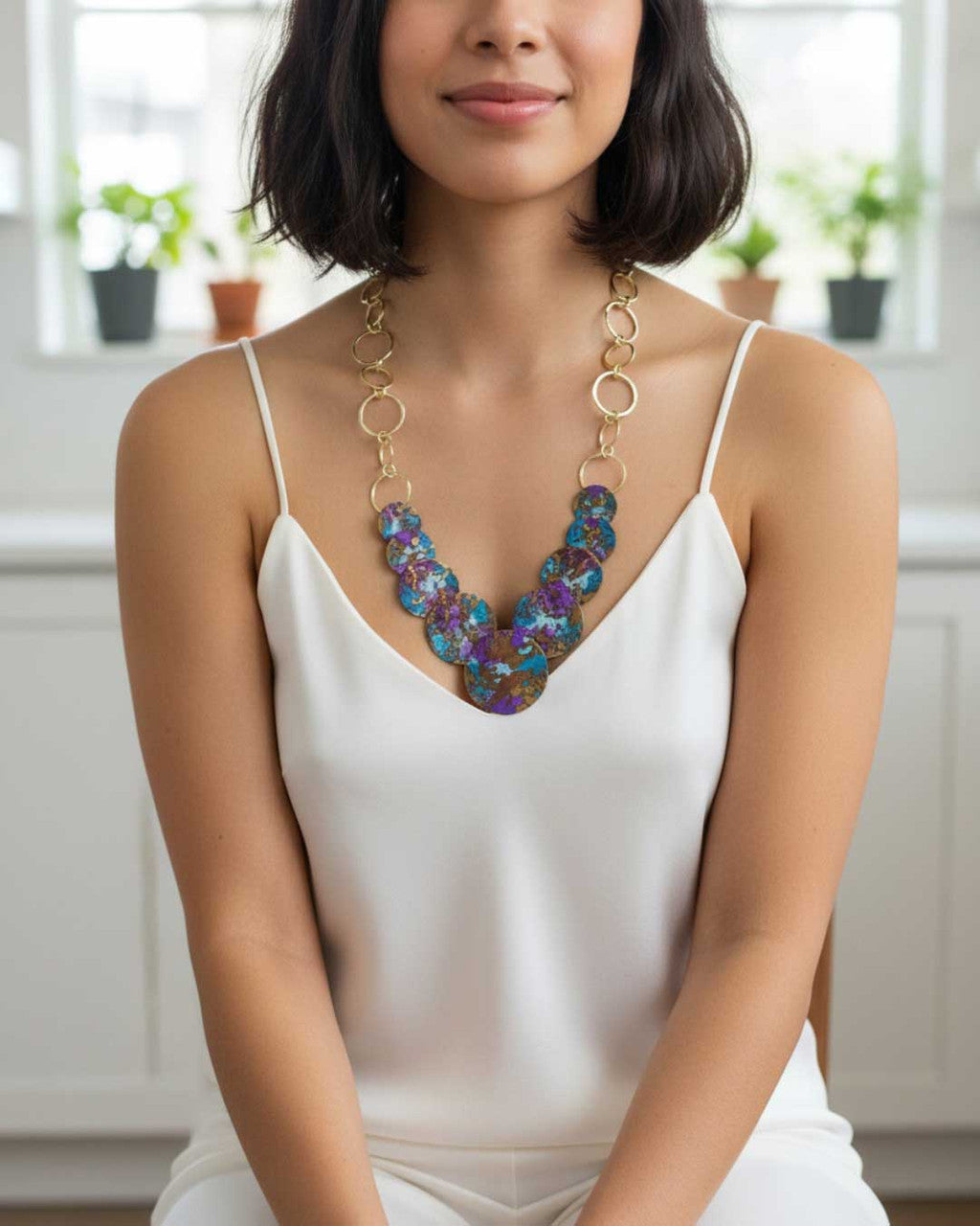 Patina Disc Cascade Necklace, Violet and Turquoise