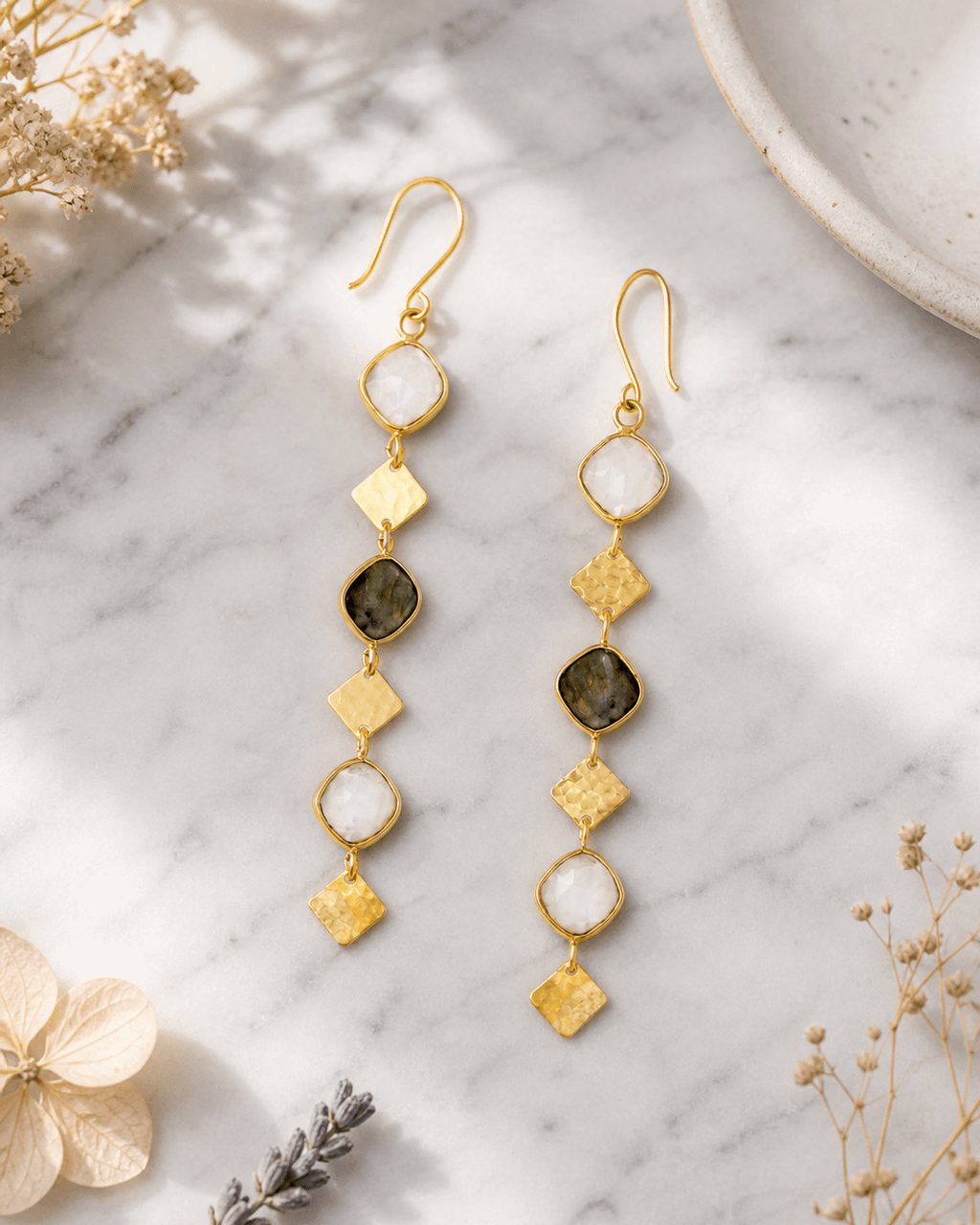 Segmented Drop Earrings in Labradorite and Moonstone