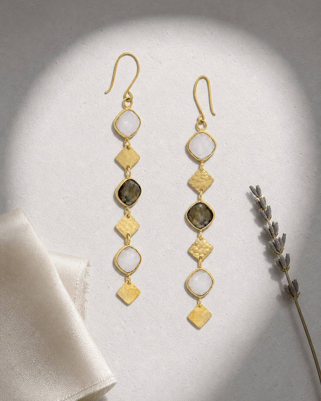 Segmented Drop Earrings in Labradorite and Moonstone