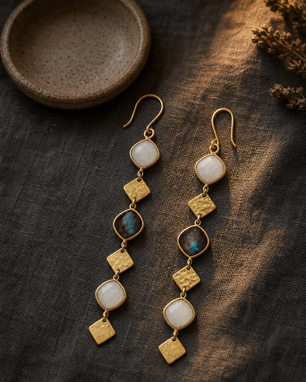 Segmented Drop Earrings in Labradorite and Moonstone