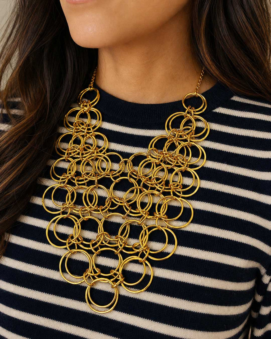 Interlocked Ring Bib Necklace in Warm Brass