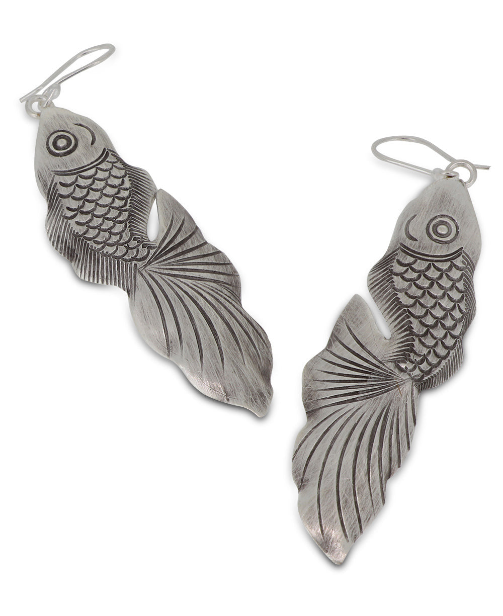 Hand-Chased Silver Fish Dangle Earrings