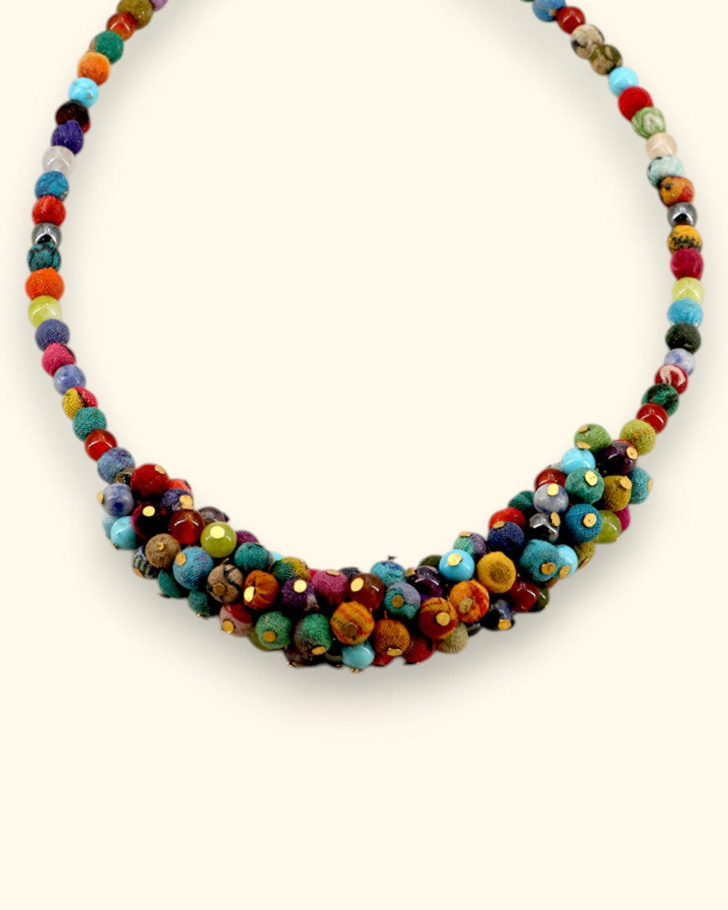 Multicolor Bead Cluster Collar in Fabric and Gemstone