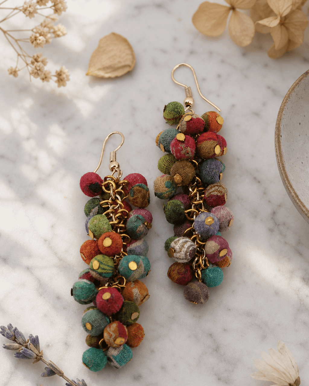 Cluster Earrings in Recycled Kantha Fabric