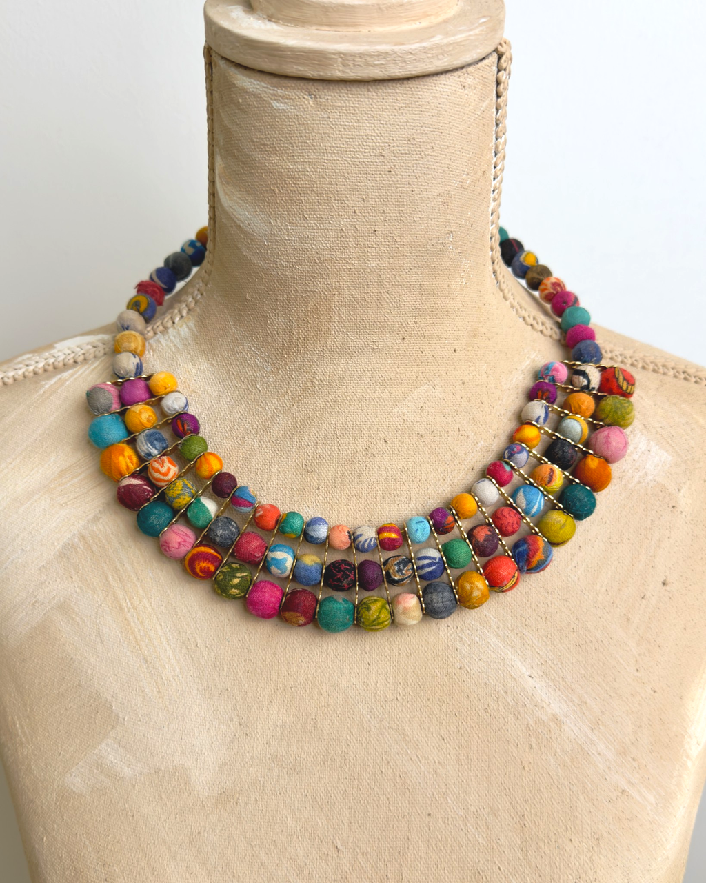 Patchwork Textile Bead Bib Necklace