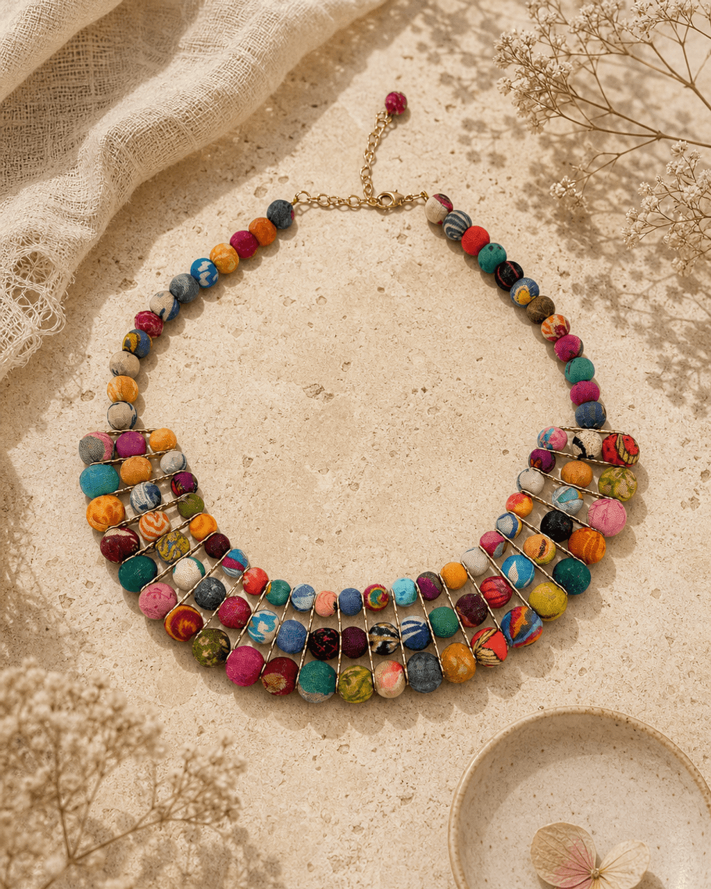 Patchwork Textile Bead Bib Necklace