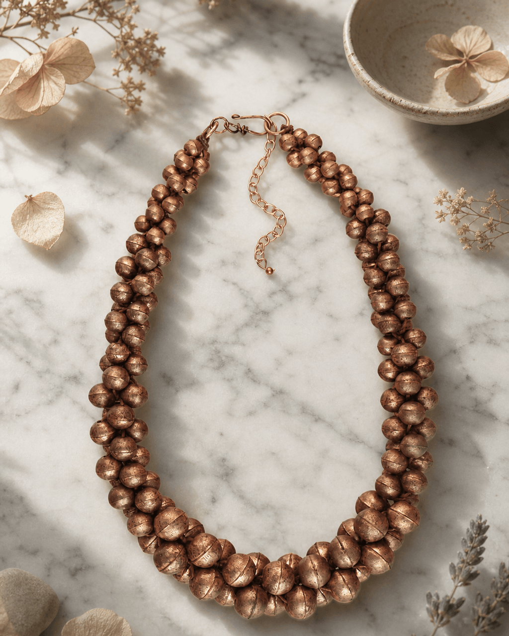 Ribbed Copper Bead Cluster Necklace