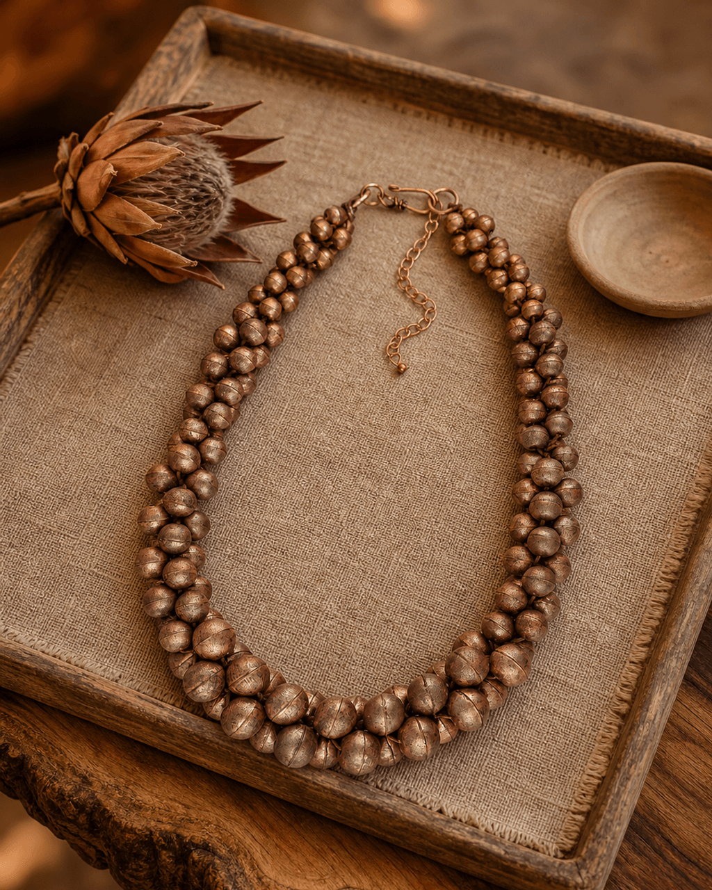 Ribbed Copper Bead Cluster Necklace