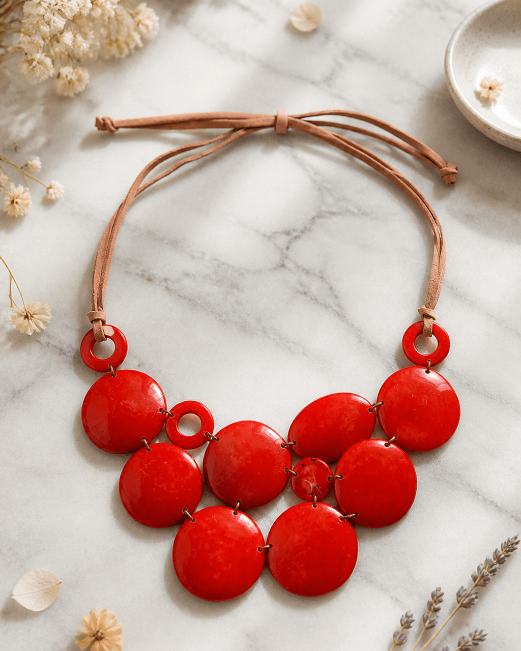 Crimson Tagua Disc Bib Necklace