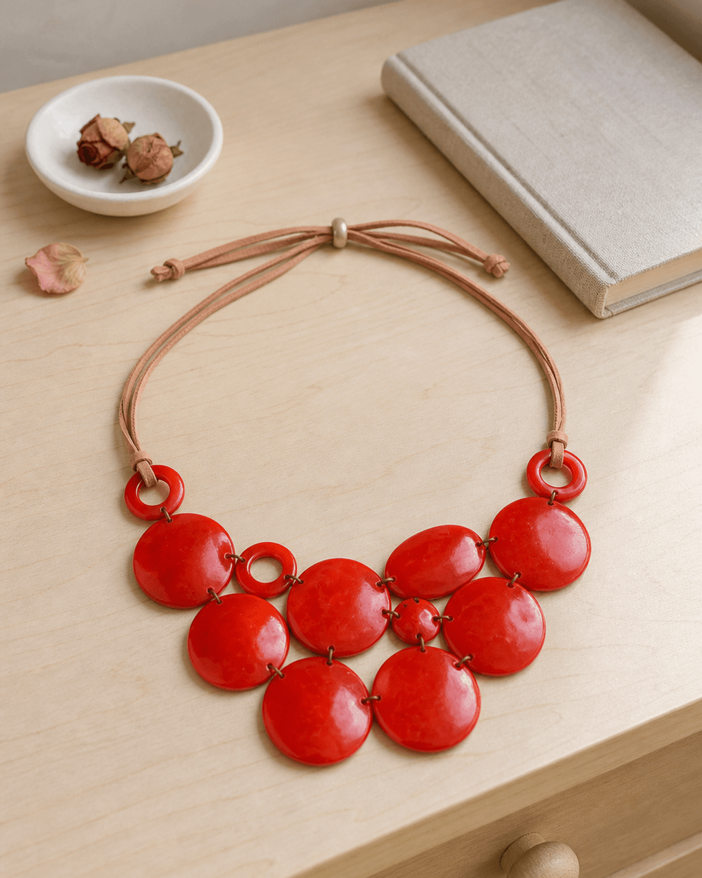 Crimson Tagua Disc Bib Necklace