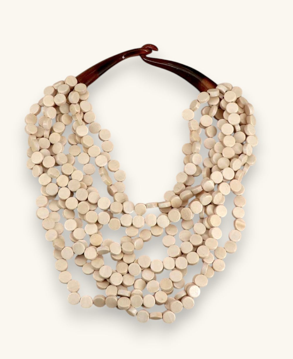 Cream Wood Disc Multi-Strand Bib Necklace