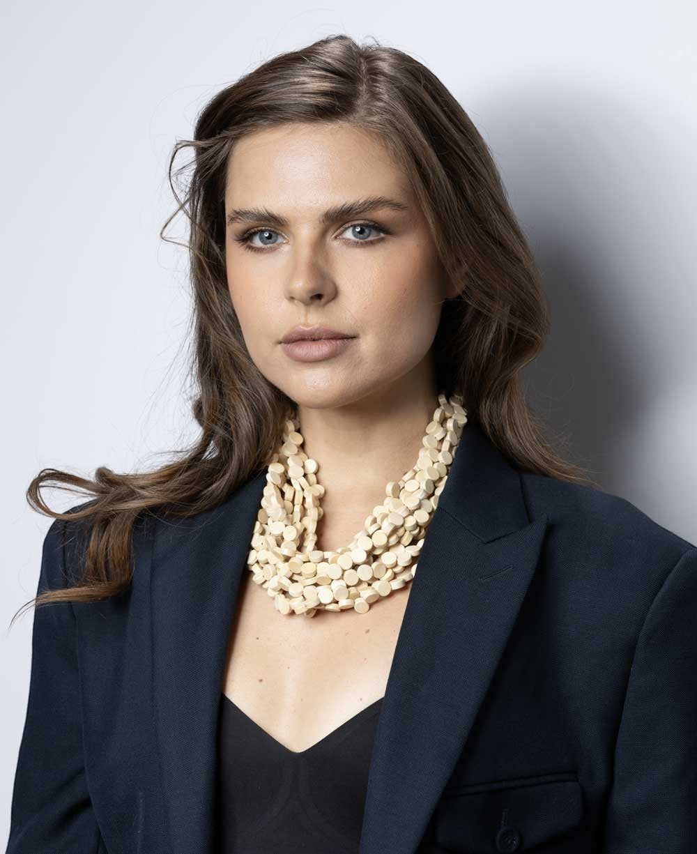Cream Wood Disc Multi-Strand Bib Necklace