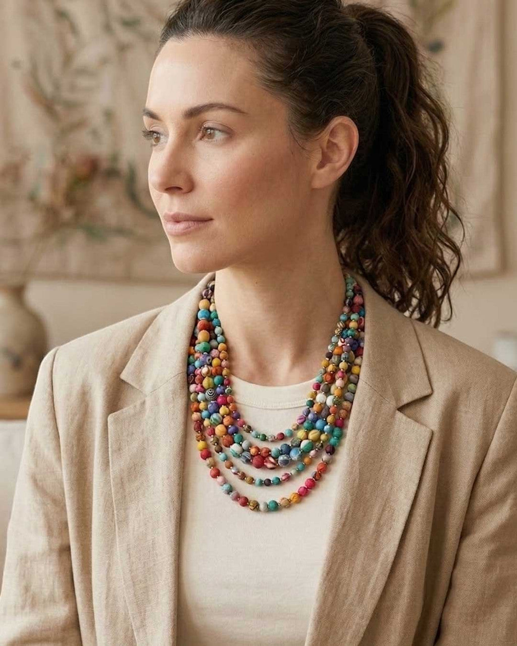 Five-Strand Fabric Bead Necklace in Mixed Color